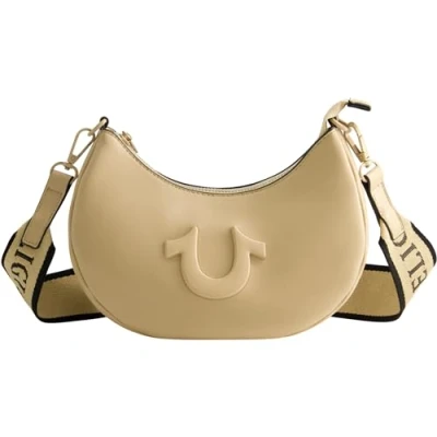 Image of True Religion Women&#039;s Shoulder Bag Purse, Crescent Hobo Handbag with Adjustable Removable Strap and Horseshoe Logo, Camel