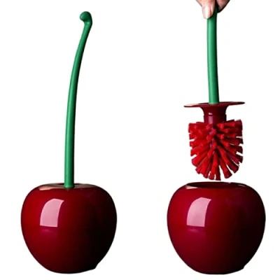 Image of Toilet brush Creative Lovely Cherry Shape Lavatory holder Set Red bathroom accessories Cleaner (Color : Wine head)