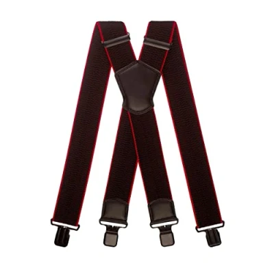 Image of Olata Men&#039;s Multi Purpose Extra Wide X Shape Braces/Suspenders with Leather Shield Centrepiece 5cm. Black/Red (Black Clips)