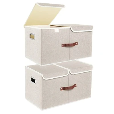 Image of TYEERS Extra Large Storage Box with Lids and Compartments, Collapsible, Washable, Fabric Lid for Clothes, Wardrobe Storage, 55x33x30 cm, Set of 2, Beige