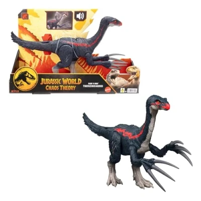 Image of Mattel Jurassic World Chaos Theory Slash N Roar Therizinosaurus Dinosaur Action Figure Toy, Attack Claws &amp; Sound, Digital Play, JCG17