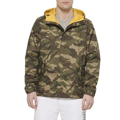 Image of Tommy Hilfiger Men&#039;s Lightweight Breathable Waterproof Hooded Rain Jacket Raincoat, Camouflage, XL