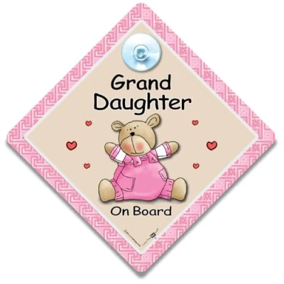 Image of Granddaughter on Board, Car Sign, Pink Quilt, Baby Board Bumper Sticker Style, Girl in Grandchild Sign