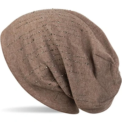 Image of styleBREAKER beanie hat with rhinestone rivets in classic stripe design, slouchy long beanie, unisex 04024086, Colour:Mottled Brown