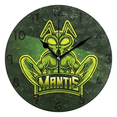Image of Sawhonn Praying Mantis Green Animal Wall Clock Silent Non Ticking Battery Operated Round Clocks for Boys Girls Home Room Bedroom Kids