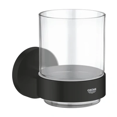 Image of GROHE Start QuickFix Crystal Glass with Holder (Metal and Glass, Concealed Fastening, Including Screws Dowels, Extra Easy to Fit QuickGlue), Size 106 x 99 mm, Matt Black, 411942430
