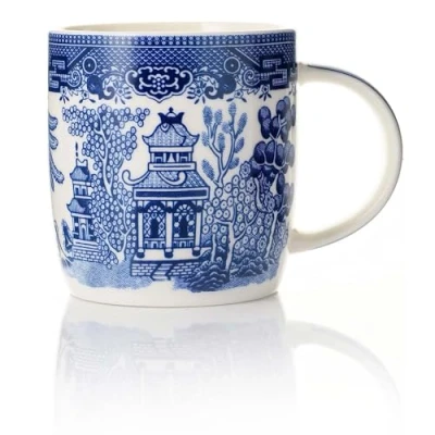 Image of UNIQUE HOME LIVING 11oz Coffee Cup Blue Willow Barrel Mug, 350ml Bone China Mug Oriental Style with Handle for Milk Tea Hot Cocoa