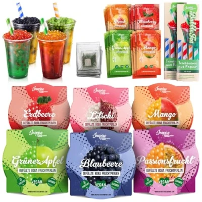 Image of INSPIRE FOOD Bubble Tea Kit 100g Popping Boba (Strawberry, Mango, Green Apple, Blueberry, Lychee, Passion Fruit) 30ml Syrups (Mango, Strawberry, Peach, Apple) Includes Straws and