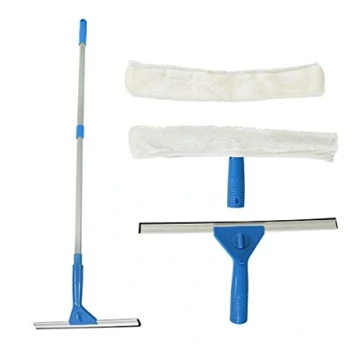Image of ASAB Window Cleaning Kit Telescopic Handle Bathroom Squeegee 2x Wide Fibre Mops Rubber Head Mirror Indoor Outdoor Use Shower Glass Cleaner And Scrapper