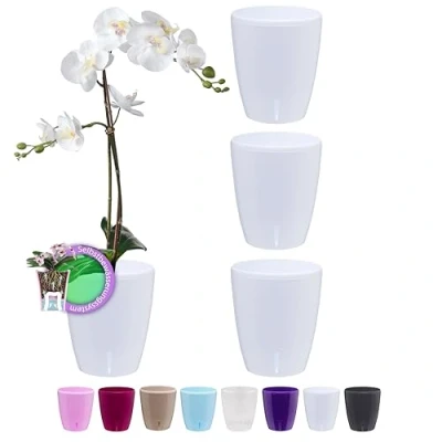 Image of Santino SET OF 4 ORCHIDEA Self Watering Orchid Pot 15CM Decorative Planter with Wick System and Water Level Indicator (Ø 15 cm, H 18 2L White)