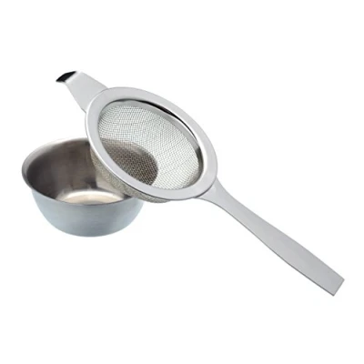 Image of KitchenCraft Loose Tea Strainer with Long Handle and Stand, Stainless Steel, 14 cm, KCTEA1ARM