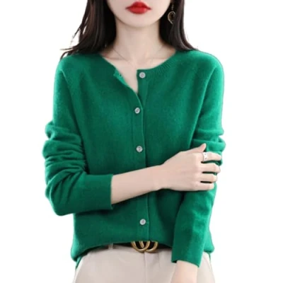 Image of TeysHa Women&#039;s Cashmere Cardigan Sweater,Wool Crew Neck Button Down Long Sleeve Sweater,Soft Warm Knit Elastic Jumpers (Green,Medium)