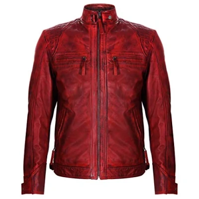 Image of Men&#039;s Red Vintage Retro Quilted Real Nappa Leather Jacket XL