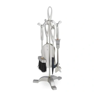Image of Relaxdays Fireplace Tool Set, 5 Pieces, Poker, Ash Shovel, Broom, Stand, Tongs, Iron, Sturdy Base, Accessories, Silver, 54 x 21 20 cm