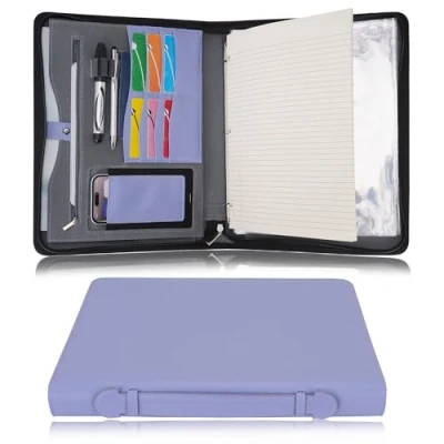 Image of Wonderpool Travel Zippered Portfolio 3 Ring Binder A4 Padfolio Document Case with Removable Clipboard Legal Pad Holder, Business Office School Organizer for Men and Women (Purple)