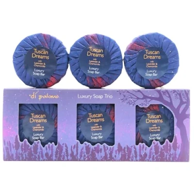 Image of Di Palomo Vegan Tuscan Dreams Soap Bar Set. 3 x 100g Lavender &amp; Chamomile Hand Soap. Moisturising Skin Care Bar. Ladies Mens Soap, Luxury Bars For Women Men. Italian Wash.