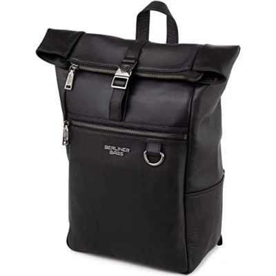 Image of Berliner Bags Premium Leather Backpack Harlem Laptop Bag Travel Rucksack Men Women Black and Gunmetal