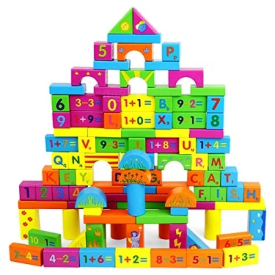 Image of URBN TOYS 100pcs Early Education ABC &amp; Numbers Wooden Building Construction Blocks in Bucket