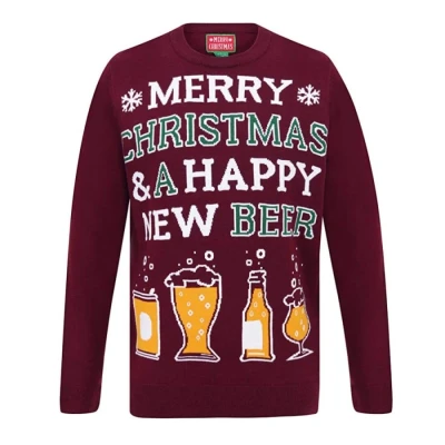 Image of Tokyo Laundry Men&#039;s &#039;Merry Christmas&#039; Novelty Xmas Jumper Happy New Beer Oxblood M