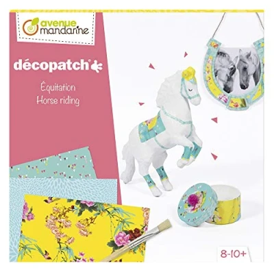 Image of Avenue Mandarine Ref KC115C Décopatch Creative Box Horse Riding Maché, Horseshoe Round Box, Brush, Glue &amp; 3 x Papers Suitable for Ages 8 10+