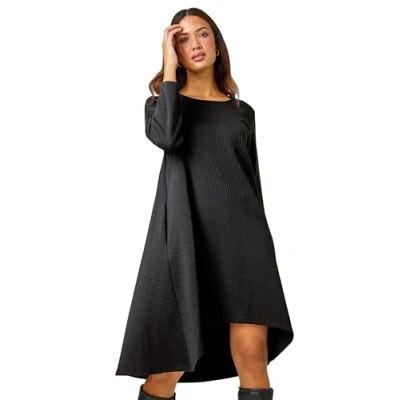 Image of Roman Ribbed Asymmetric Stretch Dress for Women UK Ladies Autumn Everyday Winter Holiday Round Neckline Comfy Long Sleeve Soft Dipped Hemline Frock Desk to Dinner Gowns Black Size 16