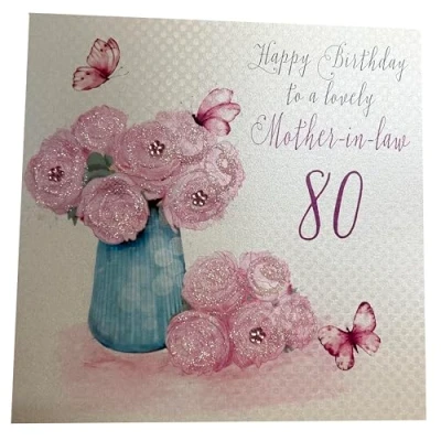 Image of white cotton cards Happy Lovely Mother in Law 80, Handmade 80th Birthday Card (Dandelion)