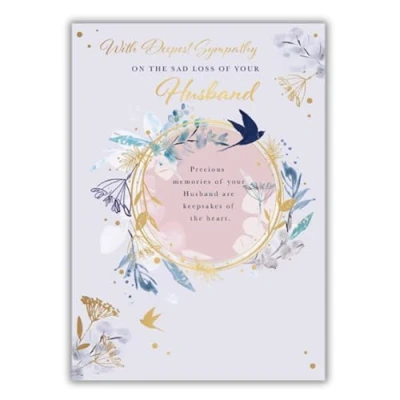 Image of Sympathy Card Loss of your Husband Botanical Wreath and Swallow Embossed with a Foil Finish Eco Friendly Recyclable by Words &#039;n&#039; Wishes