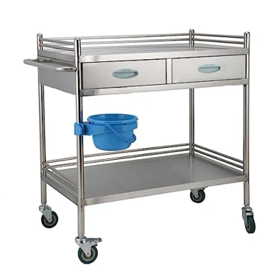 Image of Lab Medical Cart Stainless Steel Rolling Trolley 2 Tier Drawer for Clinics, Hospitals Max Load 100kg Versatile Equipment
