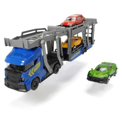 Image of Majorette car Carrier 2 asst Free wheeling transporter with three die cast toy cars included in the set. 28cm long