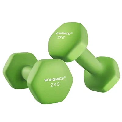 Image of SONGMICS Dumbbells Set of 2 x 2kg Hexagon Neoprene Coating Strength Training Workout Fitness Home Lime Green SYL904C01