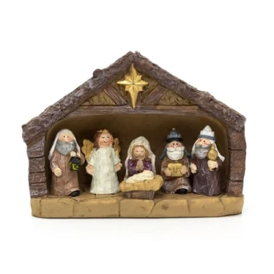 Image of Carousel Home Traditional Christmas Nativity Set with 6 Figures Stable Ornament and Resin Statues Crib Scene 22.5x18cm