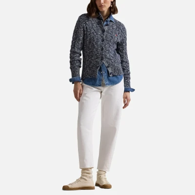 Image of Polo Ralph Lauren Cableraggknit Cotton Crewneck Cardigan Cardigan, Women&#039;s, Size: Medium, Refined navy/cream