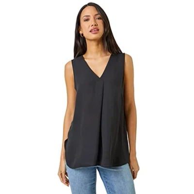 Image of Roman Originals Women Pleated Vest Tank Top Ladies Sleeveless Blouse Shirt Tunic Summer Autumn Everyday Holiday V Neck Work Office Cocktail Party Special Occassion Going Out Black Size 14