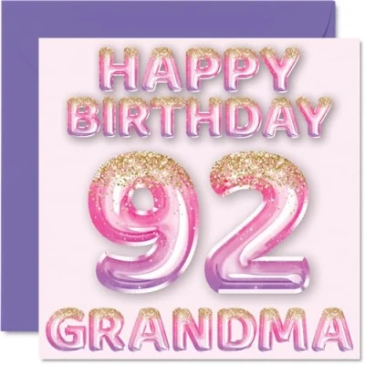 Image of 92nd Birthday Card for Grandma Pink &amp; Purple Glitter Balloons Happy Cards 92 Year Old from Grandson Granddaughter, 145mm x Bday Greeting Gift