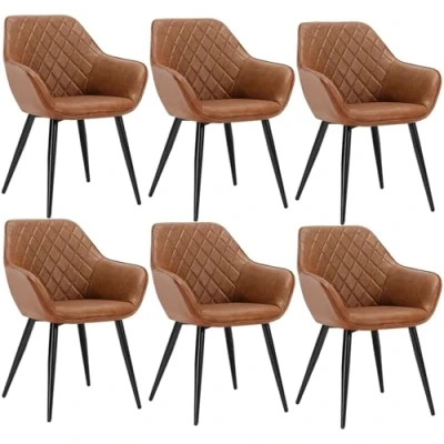 Image of WOLTU Set of 6 x Dining Chairs Brown Kitchen Side Upholstered Faux Leather Seat for Counter Lounge Living Room Corner Accent with Arms &amp; Back Support Metal Legs Reception