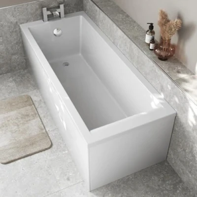 Image of Baystone 1700 x 700mm Single Ended Straight Bath White Gloss Soaking Bathttub, Acrylic Baths for Bathrooms, Square, Adjustable Feet, No Panel