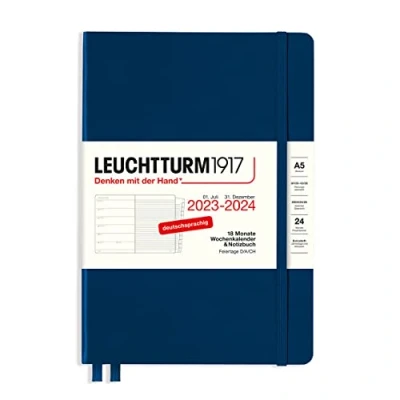 Image of LEUCHTTURM1917 367683 Weekly Planner &amp; Notebook Medium (A5) 2024, with Booklet, 18 Months, Navy, German