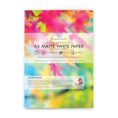 Image of Evergreen Goods A3 (420 x 297mm) White Self Adhesive Matte Sticker Paper Durable for Inkjet &amp; Laser Printers, Sticky Back Printable Paper, Ideal Custom Labels, Signs, and Crafts (100 Sheets)