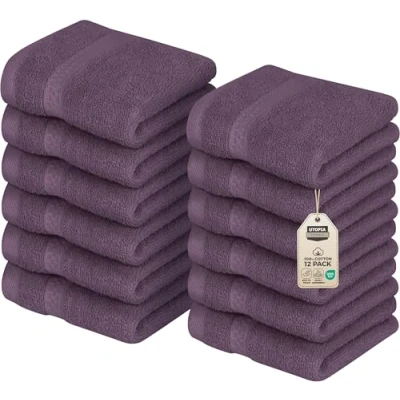 Image of Utopia Towels Premium Washcloth Set (30 x 30 CM) 100% Cotton Face Cloths, Highly Absorbent and Soft Feel Fingertip (12 Pack, Plum)