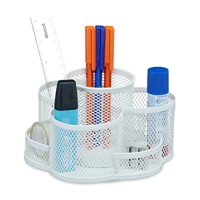 Image of Relaxdays Pen Holder, Rotatable, 7 Compartments, H x W D: 10.5 16 17 cm, Metal, White, Steel