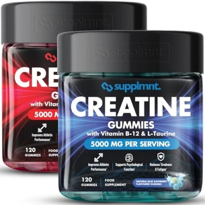 Image of Creatine 120 Gummies Max 5000mg for Men &amp; Women Monohydrate Plus B12 and L Taurine Chewable Gummies, 2 x 1 Month Supply (Dual Pack, Strawberry Blue Raspberry)