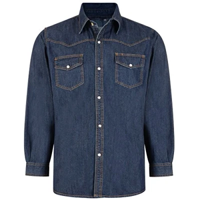Image of Kam Jeans Mens Long Sleeved Full Button Denim Shirt with Chest Pockets, Big and Tall, King Size, Stonewash, 6XL