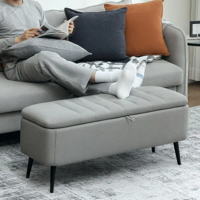 Image of HOMCOM Storage Ottoman with Flip Top, Rectangular Upholstered Bench, Linen Feel Fabric Footstool Steel Legs for Living Room, Bedroom, Light Grey