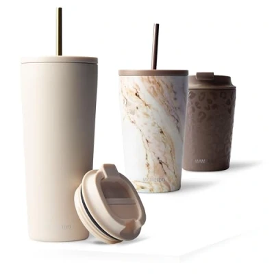 Image of MAMEIDO Travel Mug 700ml &amp; 470ml Leakproof Tumbler with Straw Lid, Stainless Steel Mugs for Cold Hot Drinks BPA Free (Ivory Beige, 0,7l)