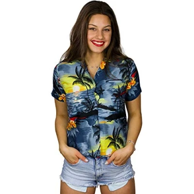 Image of King Kameha Funky Hawaiian Blouse Shirt, Shortsleeve, Print Surf, Grey, M