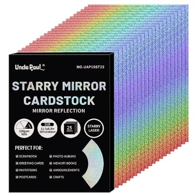 Image of A4 Starry Mirror Cardstock Paper, 25 Sheets 250gsm/92Ib Shiny Reflective Paper for Crafts, Color Laser Birthday Wedding Party Decoration UAP19ST25