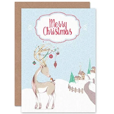 Image of Wee Blue Coo CARD CHRISTMAS XMAS REINDEER ROBIN SNOW SCENE