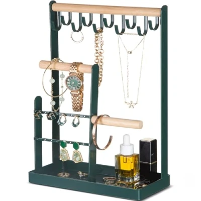 Image of ProCase Jewellery Organiser Stand Holder, 4 Tiers Jewelry Stands Necklace Organizer Earring 10 Hooks Tower Display Rack for Bracelets Watches Rings Gifts Women Green
