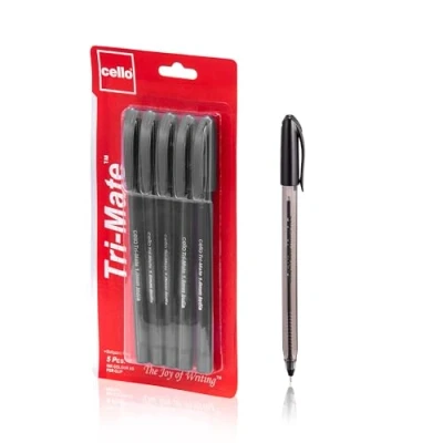 Image of Cello Ballpoint Pens, Tri Mate Medium Point Biros Multipack Pens 1.0mm Ball Writing Pack of 5 (Black)
