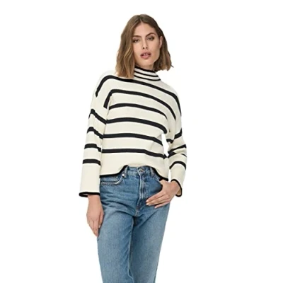Image of ONLY Women&#039;s Onlibi L/S Higneck Pullover CC KNT Sweater, Whitecap Grey/Stripes: White/Melange/Black, M